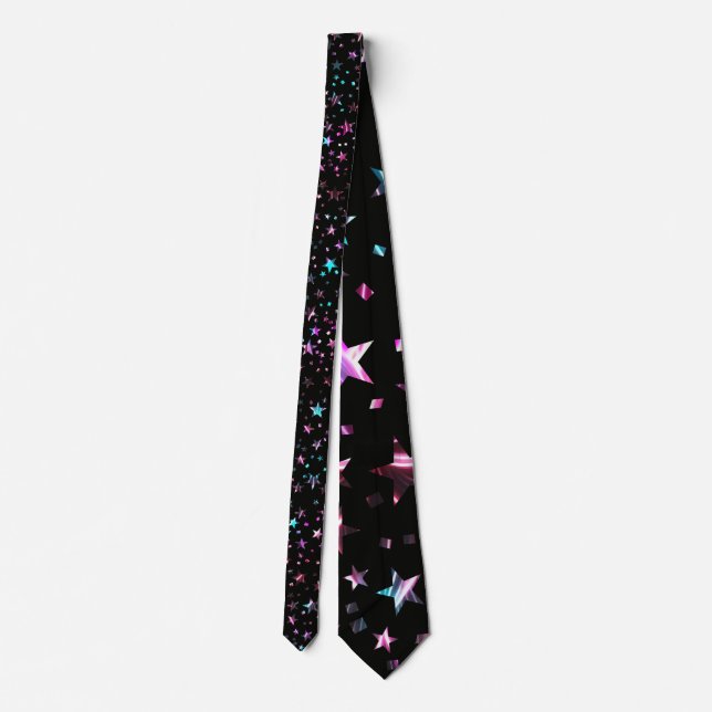 Professional Neon Pink Turquoise Blue Stars Black Tie (Back)