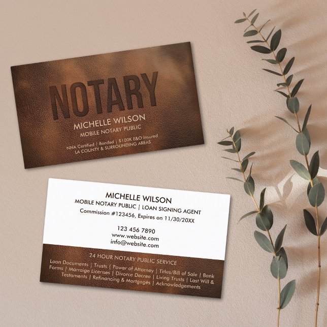 Professional Notary Public Loan Signing Agent Business Card (brown  leather with embossed "notary" text business card)
