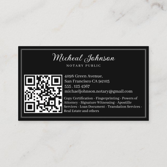 Professional Notary Services QR Code Customizable  Business Card (Back)