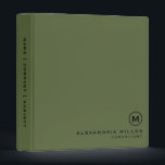 Professional Olive Green Monogram Binder<br><div class="desc">Modern professional binder features a minimal design in a stylish olive green and black colour palette. Custom name presented in the lower right-hand corner in stylish simple font with a complimentary minimal monogram medallion. Shown with a custom name and monogram initial on the front in modern typography, this personalized business...</div>