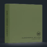 Professional Olive Green Monogram Binder<br><div class="desc">Modern professional binder features a minimal design in a stylish olive green and black colour palette. Custom name presented in the lower right-hand corner in stylish simple font with a complimentary minimal monogram medallion. Shown with a custom name and monogram initial on the front in modern typography, this personalized business...</div>