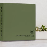 Professional Olive Monogram Initial 3 Ring Binder<br><div class="desc">Modern professional binder features a minimal design in a olive green colour palette with black accents. Custom name presented in the lower right hand corner in stylish simple font with a complimentary minimal monogram medallion. Shown with a personalized name and monogram initial on the front in modern typography, this monogrammed...</div>