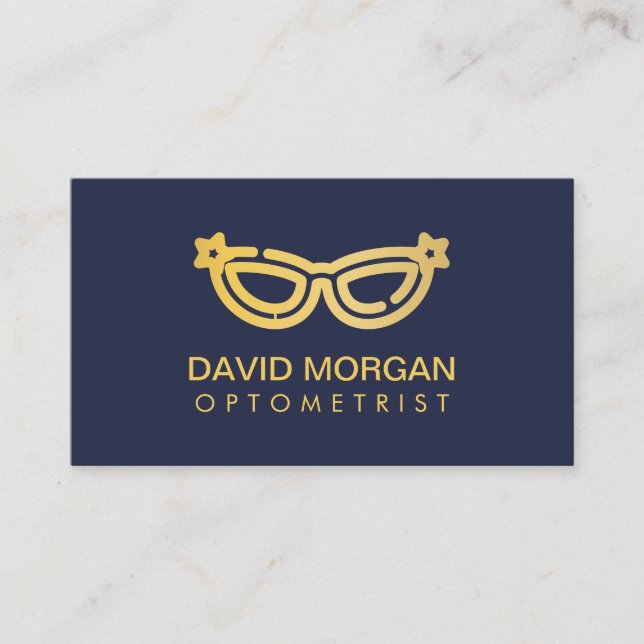 Professional Optometry Gold Glasses Logo Navy Business Card (Front)
