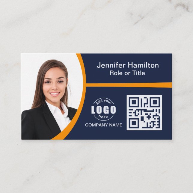 Professional Orange add your Logo QR Code Photo Business Card (Front)