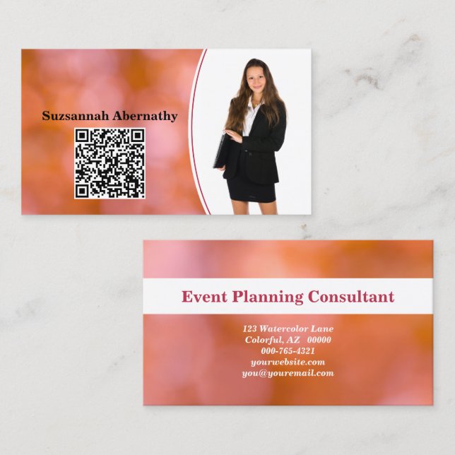 Professional Orange Bokeh Blur Custom Photo QR Business Card (Front/Back)