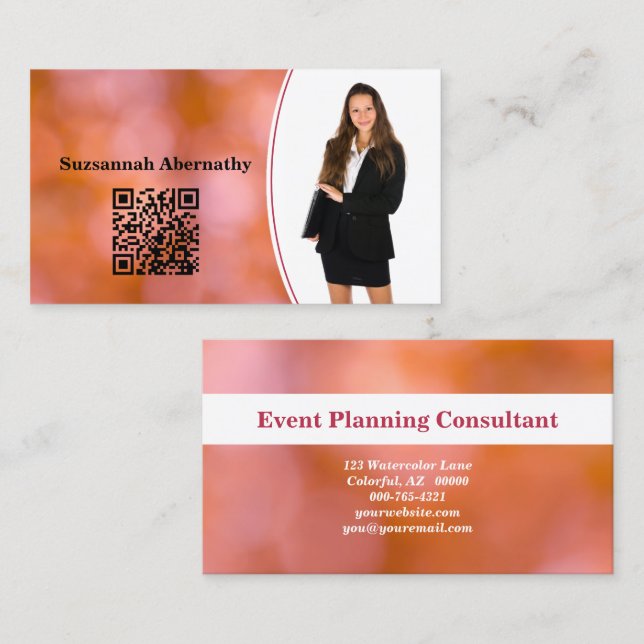 Professional Orange Bokeh Blur Custom Photo QR Business Card (Front/Back)