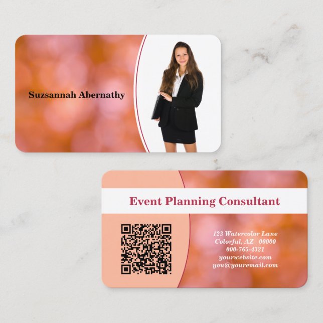 Professional Orange Bokeh Blur Custom Photo QR Business Card (Front/Back)