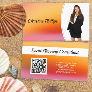 Professional Orange Watercolor Custom Photo QR Business Card