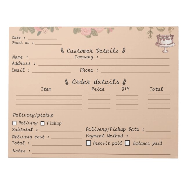 Professional Pastry Cupcake Bakery Order Form   Notepad (Front)
