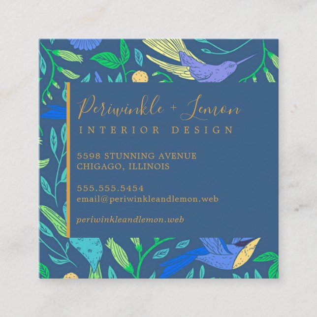 Professional Periwinkle Hummingbird Floral Square  Square Business Card (Front)