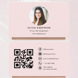 Professional Photo Blush Pink QR Code Social Media Business Card