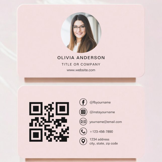 Professional Photo Blush Pink QR Code Social Media Business Card (Creator Uploaded)