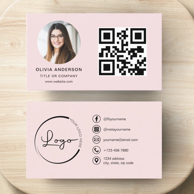 Professional Photo Blush Pink QR Code Social Media Business Card (Creator Uploaded)