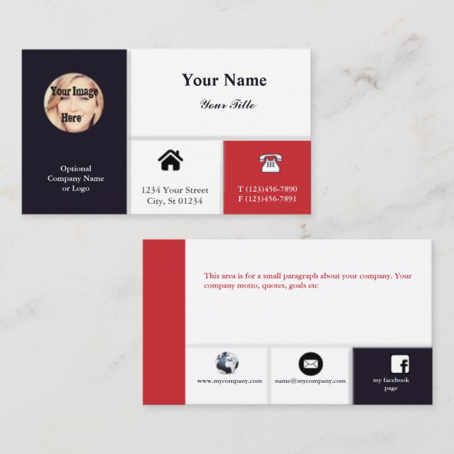 Professional Photo Business Card with Icons - Navy (Front/Back)