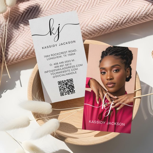 Professional Photo Elegant Script Monogram QR Code Business Card (Elegant Script Calligraphy Monogram Logo & QR Code Business Card)