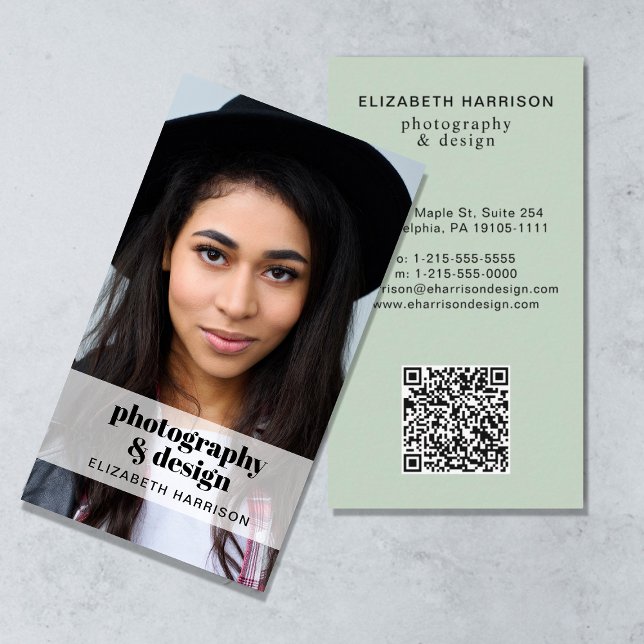 Professional Photo QR Code Sage Green Business Card (Creator Uploaded)