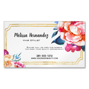 Professional Pink Blue Floral Gold Hair Stylist Magnetic Business Card