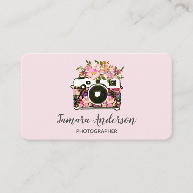 Professional Pink Floral Camera Photographer Business Card (Front)