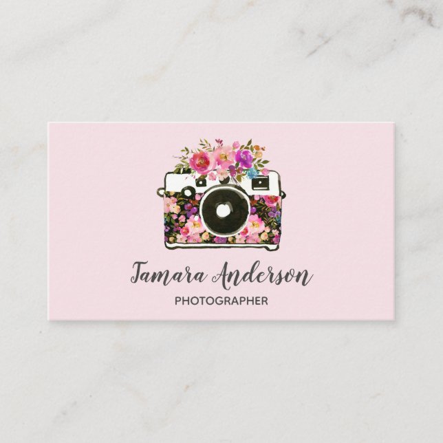 Professional Pink Floral Camera Photographer Pink Business Card (Front)