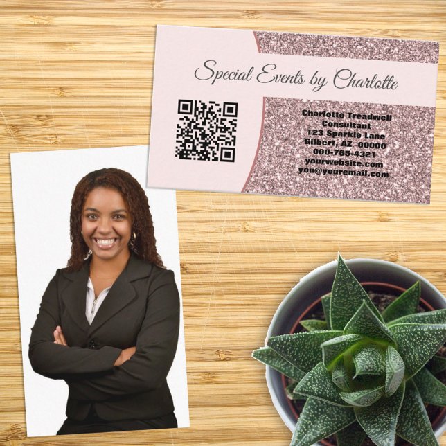 Professional Pink Glitter Custom Photo QR Code Business Card (Creator Uploaded)