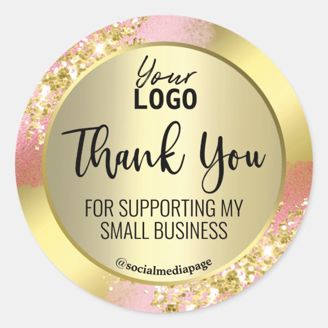 Professional Pink Gold Glitter Thank You Logo Classic Round Sticker (Front)
