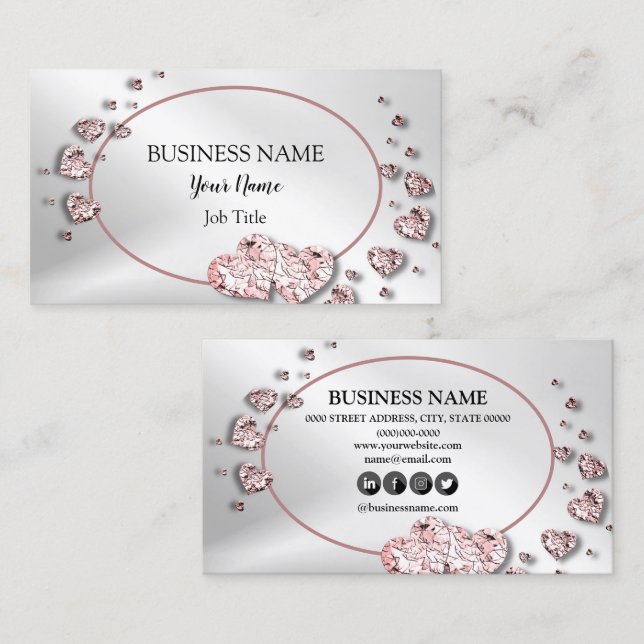Professional Pink Peach Shiny Hearts Geometric Business Card (Front/Back)