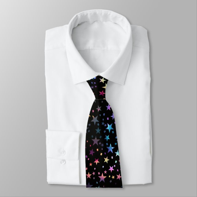 Professional Pink Purple Blue Stars Black Tie (Tied)