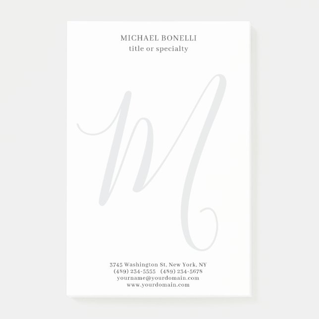 Professional Plain Modern Minimalist Monogrammed Post-it Notes (Front)