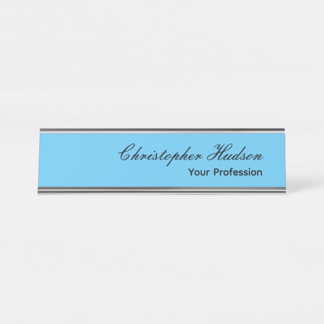 Professional Plain Modern Minimalist Sky Blue Desk Name Plate (Front)