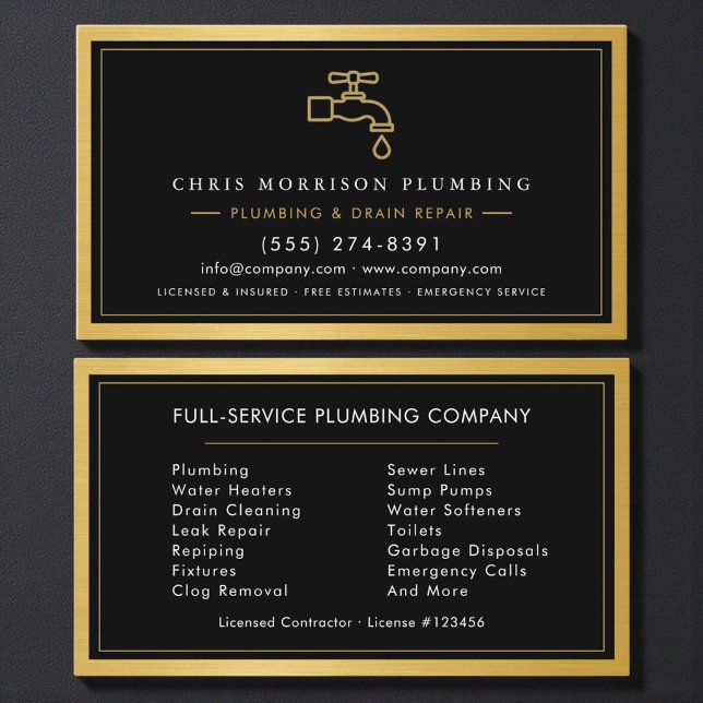 Professional Plumber Black Gold Metallic QR Code Business Card (Creator Uploaded)