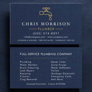 Professional Plumbing Plumber Navy Blue Gold  Business Card