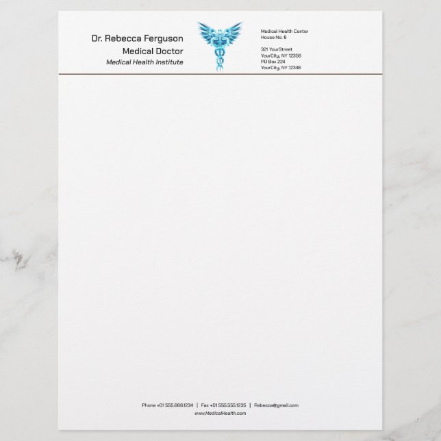Professional Precious Medical Blue Caduceus Letterhead (Front)
