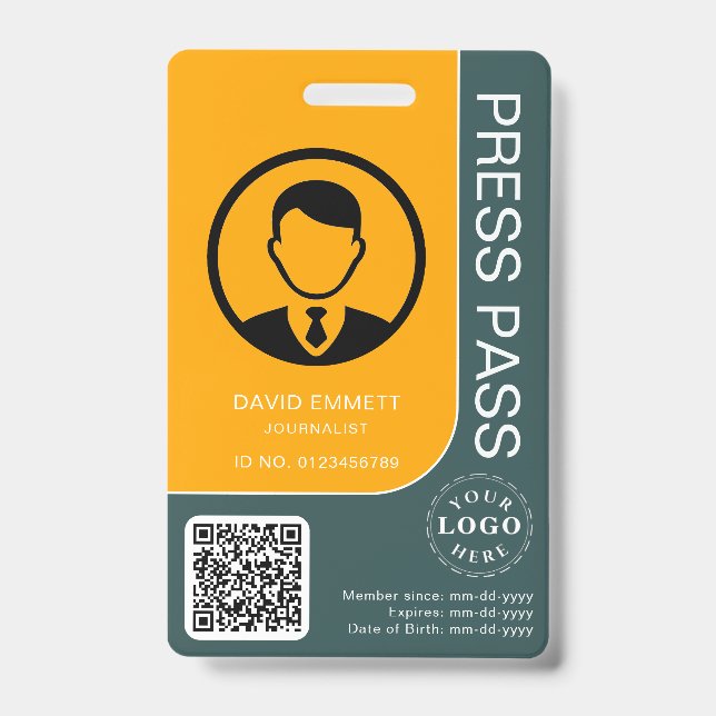 Professional Press Pass with QR Code and Photo Badge (Front)