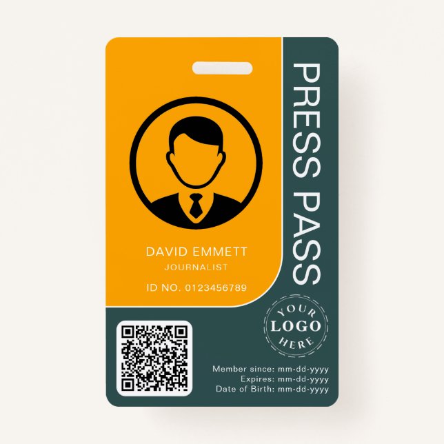 Professional Press Pass with QR Code and Photo Badge (Front)