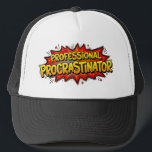 Professional Procrastinator Comic Book Pop Art  Trucker Hat<br><div class="desc">Embrace your inner deadline-dodger with this vibrant Professional Procrastinator trucker hat. Featuring a bold, retro comic book explosion aesthetic, this design uses high-energy yellow and red tones with classic halftone dot patterns to make a statement. Whether you’re "working" from home, avoiding a massive term paper, or just finally admitting that...</div>