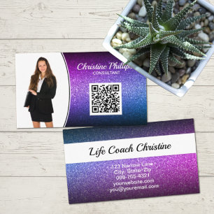 Professional Purple Ombre Glitter Custom Photo QR Business Card