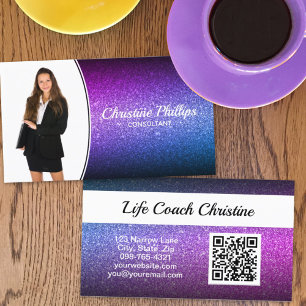 Professional Purple Ombre Glitter Custom Photo QR Business Card