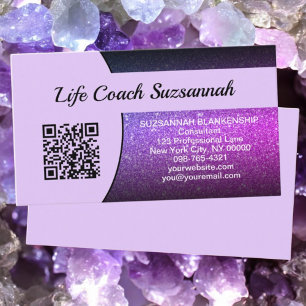 Professional Purple Ombre Glitter QR Code Business Card