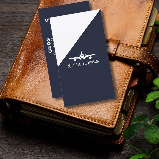 Professional QR Code Aviation Navy Blue Minimalist Business Card (Creator Uploaded)