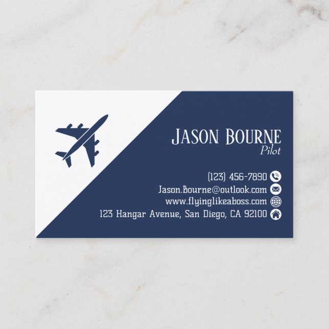 Professional QR Code Aviation Navy Blue White Business Card (Front)