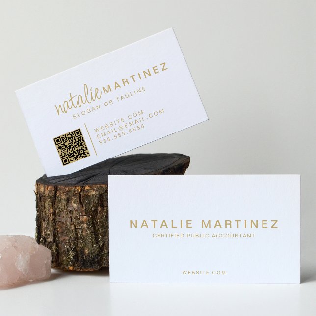 Professional QR Code Elegant White And Gold Script Business Card (Creator Uploaded)