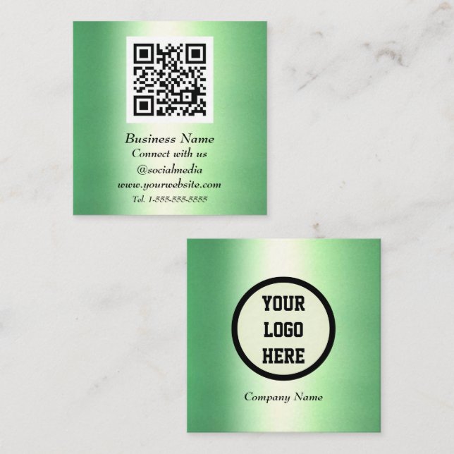 Professional QR Code Emerald Green Metallic Square Business Card (Front/Back)
