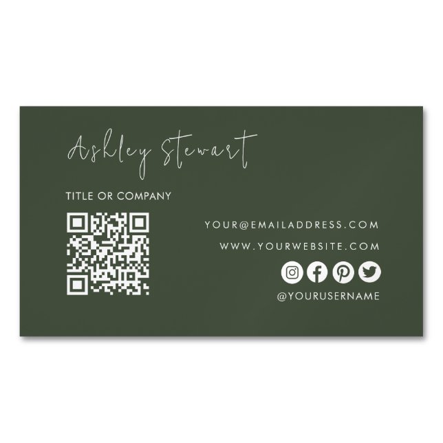 Professional Qr Code Modern Minimalist Green Magnetic Business Card (Front)