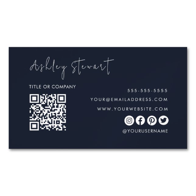 Professional Qr Code Modern Minimalist Navy Blue Magnetic Business Card (Front)