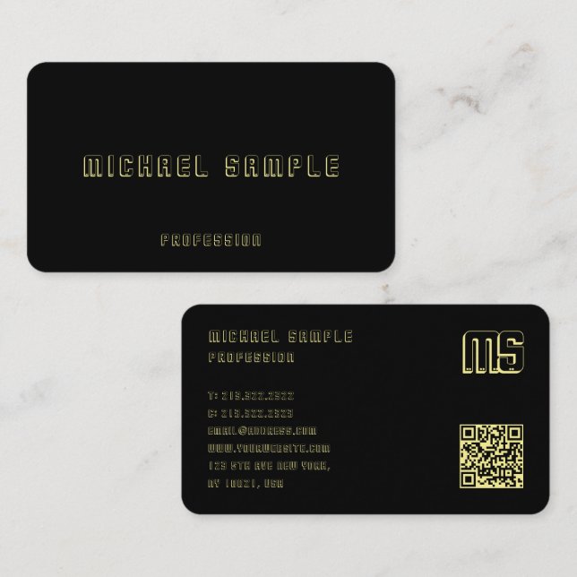 Professional QR Code Monogram Elegant Black & Gold Business Card (Front/Back)