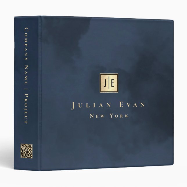Professional Qr code Monogram Navy Blue and Gold  Binder (Front/Spine)