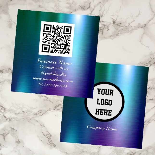 Professional QR Code Scannable Blue Metallic Square Business Card (Creator Uploaded)
