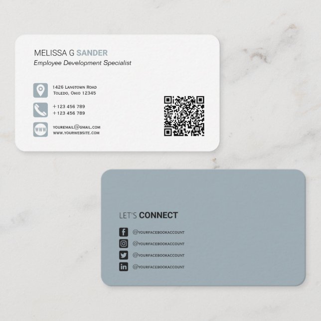 Professional QR code social media dusty blue Busin Business Card (Front/Back)