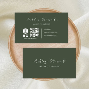 Professional Qr Code Social Media Forest Green Business Card