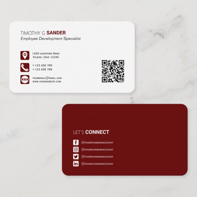 Professional QR code with social media icon maroon Business Card (Front/Back)